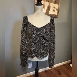 A New Day Long Balloon Sleeves Women’s Slim Fit Ruched Polka Dot Black Blouse